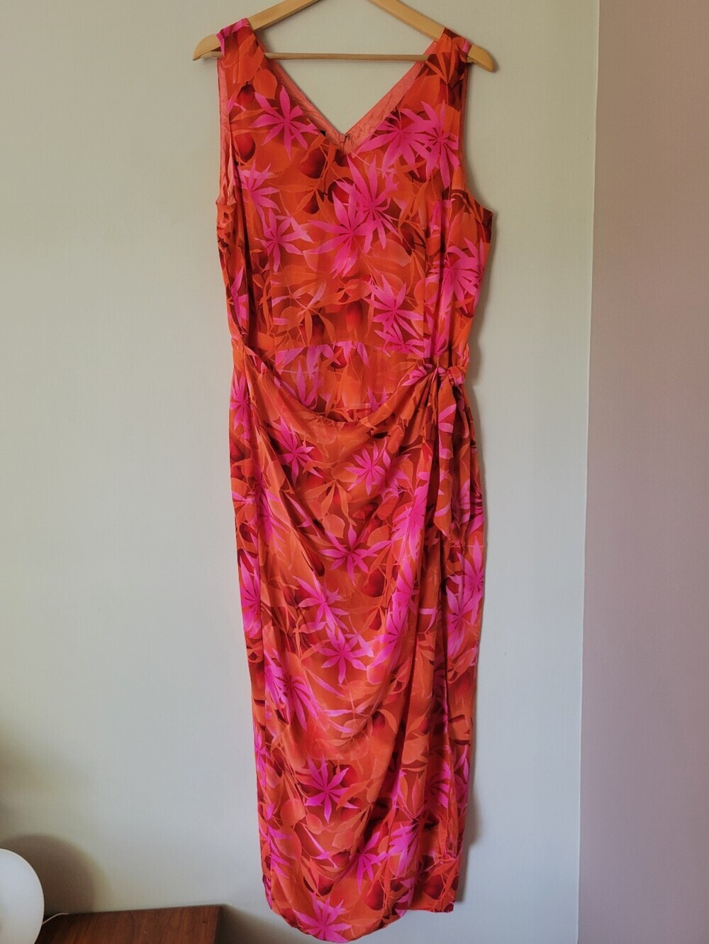 Vintage 90s Tropical Floral Hawaiian Print Silk Sleeveless Wrap Maxi Dress 16